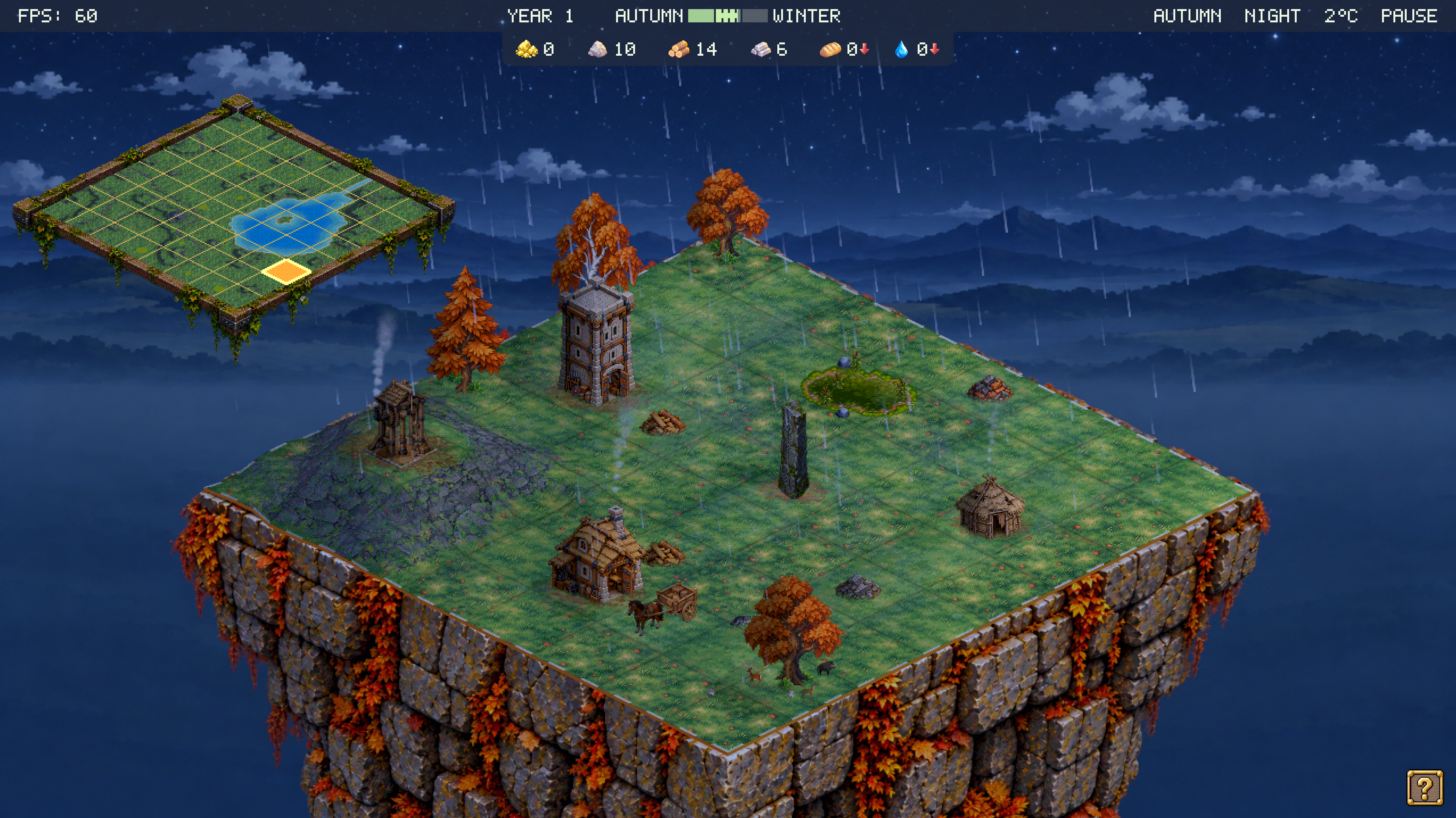 The same settlement under rain on an autumn night