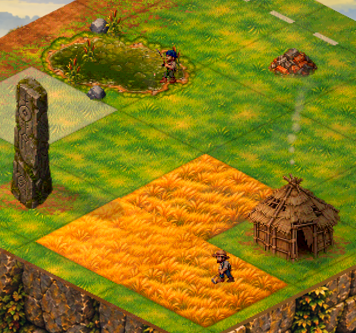 A fisher working beside a pond and a farmer tending a field