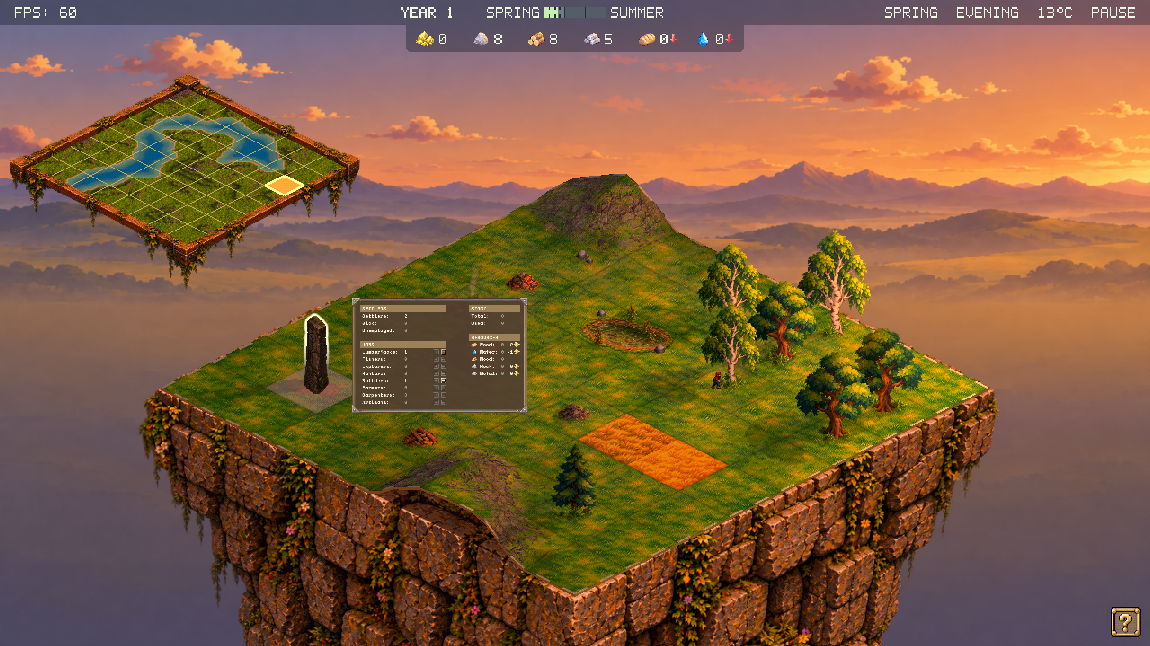 Settler jobs and village resources displayed at sunset