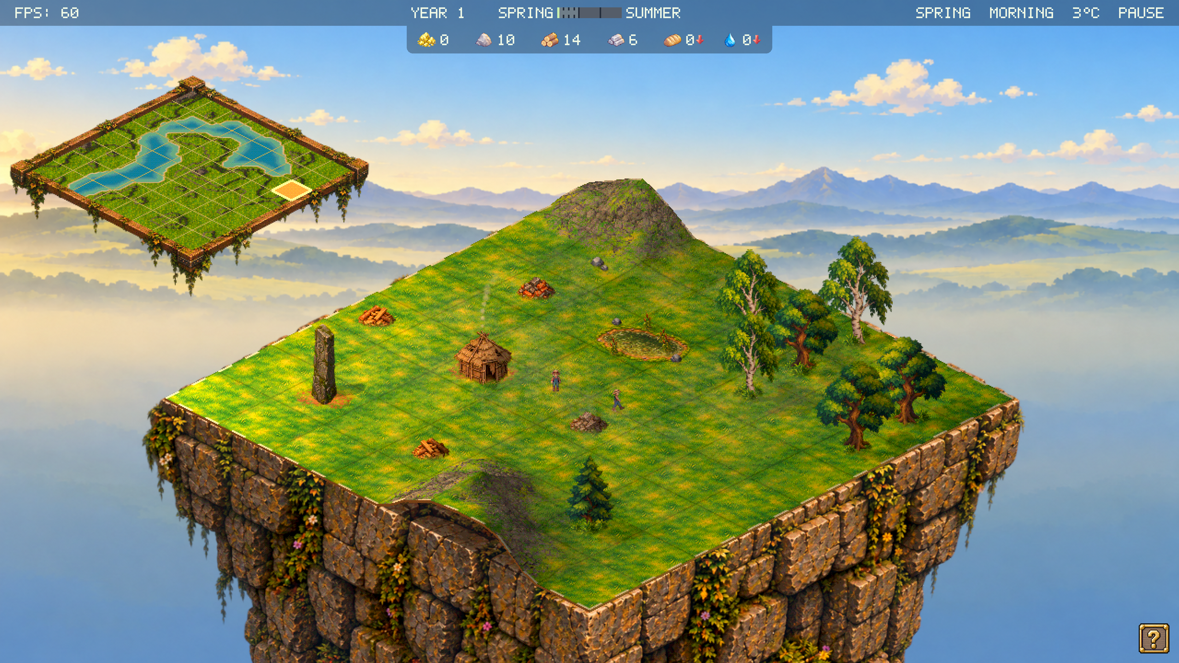 A new settlement on an isometric floating landscape in spring